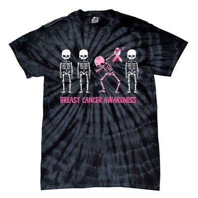 Dabbing Skeleton with Pink Ribbon Breast Cancer Awareness Halloween Tie-Dye T-Shirt