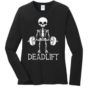 Deadlift Skeleton Workout Bodybuilding Gym Funny Skull Ladies Long Sleeve Shirt