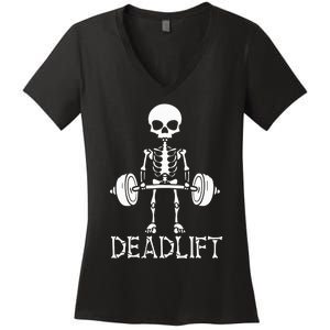 Deadlift Skeleton Workout Bodybuilding Gym Funny Skull Women's V-Neck T-Shirt