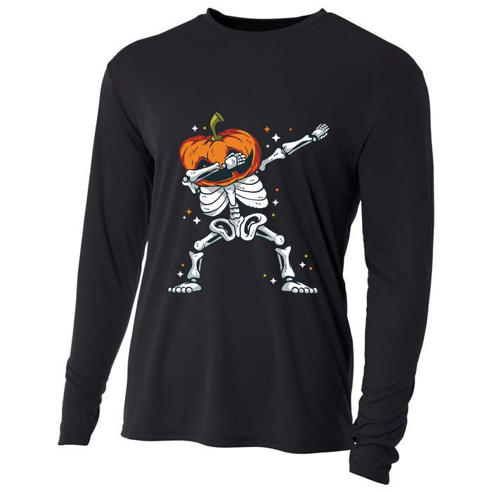 Dabbing Skeleton With Pumpkin Head Jack O Lantern Dab Gift Cooling Performance Long Sleeve Crew
