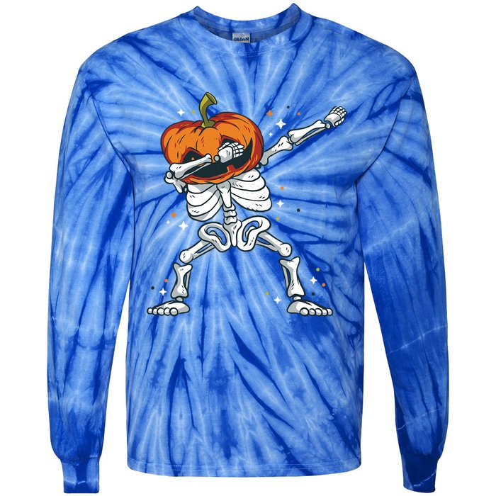 Dabbing Skeleton With Pumpkin Head Jack O Lantern Dab Gift Tie-Dye Long Sleeve Shirt