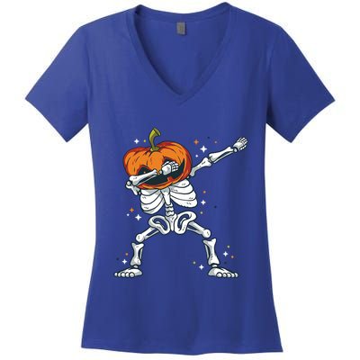 Dabbing Skeleton With Pumpkin Head Jack O Lantern Dab Gift Women's V-Neck T-Shirt