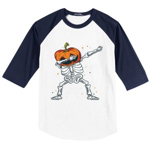 Dabbing Skeleton With Pumpkin Head Jack O Lantern Dab Gift Baseball Sleeve Shirt