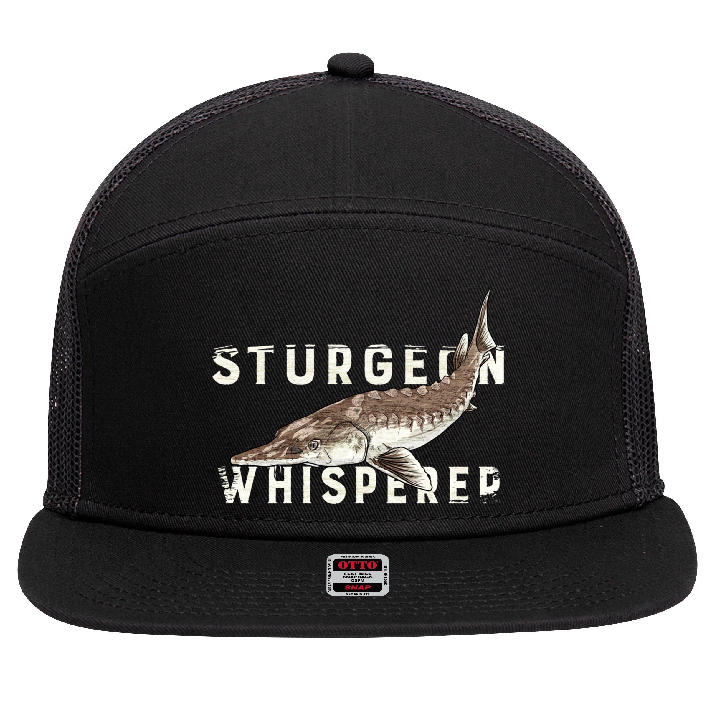Distressed Sturgeon Whisperer Beluga Fish Funny Gift 7 Panel Mesh Trucker Snapback Hat