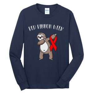 Dabbing Sloth We Wear Red For Red Ribbon Week Awareness Tall Long Sleeve T-Shirt