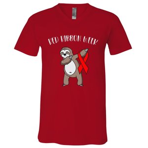 Dabbing Sloth We Wear Red For Red Ribbon Week Awareness V-Neck T-Shirt