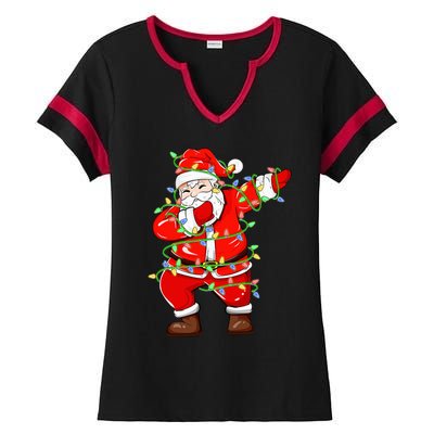 Dabbing Santa Xmas Lights Funny Christmas Ladies Halftime Notch Neck Tee