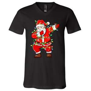 Dabbing Santa Xmas Lights Funny Christmas V-Neck T-Shirt