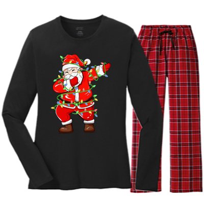 Dabbing Santa Xmas Lights Funny Christmas Women's Long Sleeve Flannel Pajama Set 