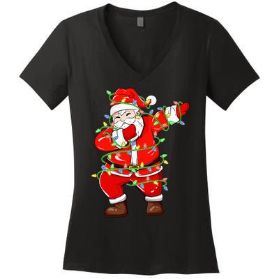 Dabbing Santa Xmas Lights Funny Christmas Women's V-Neck T-Shirt