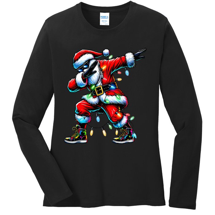 Dabbing Santa Xmas Lights Ladies Long Sleeve Shirt