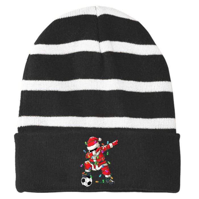 Dabbing Santa Xmas Lights Soccer Christmas Women Striped Beanie with Solid Band