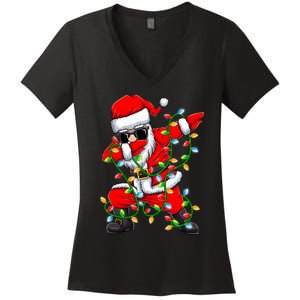 Dabbing Santa Xmas Lights Christmas Gifts Women's V-Neck T-Shirt