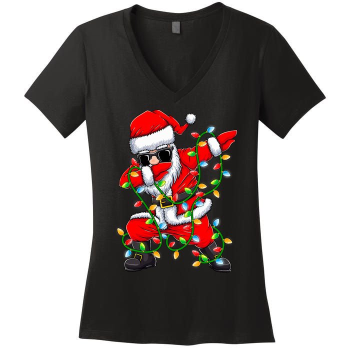 Dabbing Santa Xmas Lights Christmas Gifts Women's V-Neck T-Shirt