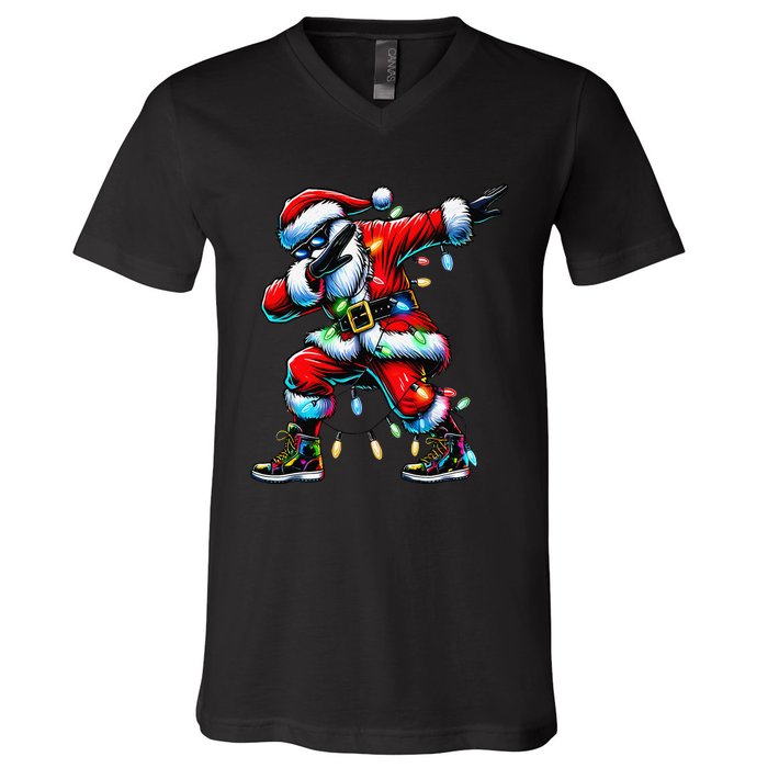 Dabbing Santa Xmas Lights Gifts Christmas Gift V-Neck T-Shirt