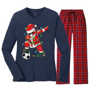 Dabbing Santa Xmas Lights Soccer Christmas Women's Long Sleeve Flannel Pajama Set 