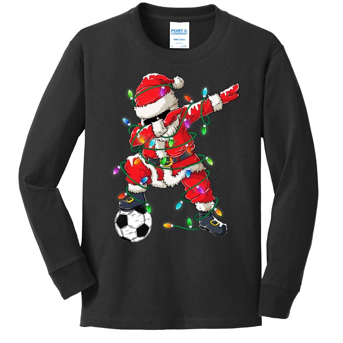 Dabbing Santa Xmas Lights Soccer Christmas Kids Long Sleeve Shirt