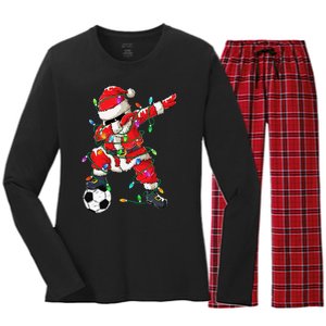 Dabbing Santa Xmas Lights Soccer Christmas Women's Long Sleeve Flannel Pajama Set 