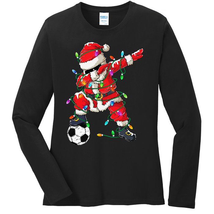 Dabbing Santa Xmas Lights Soccer Christmas Ladies Long Sleeve Shirt