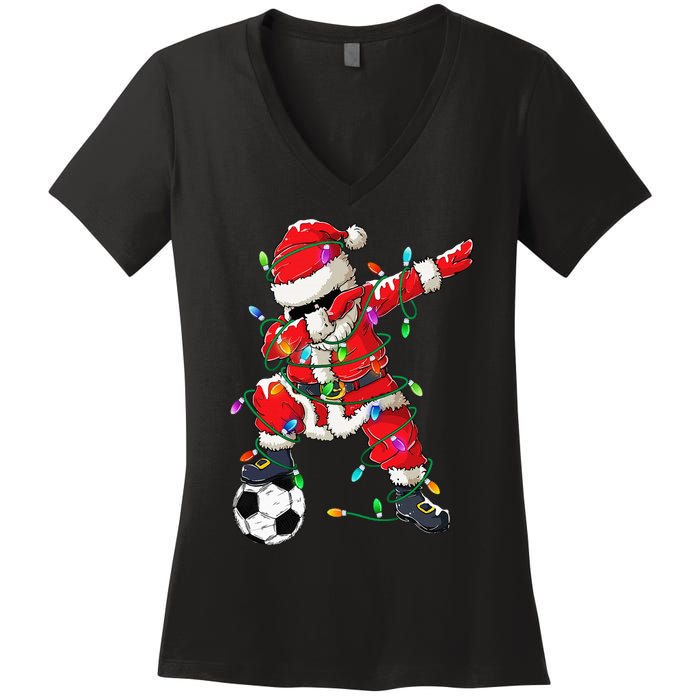 Dabbing Santa Xmas Lights Soccer Christmas Women's V-Neck T-Shirt