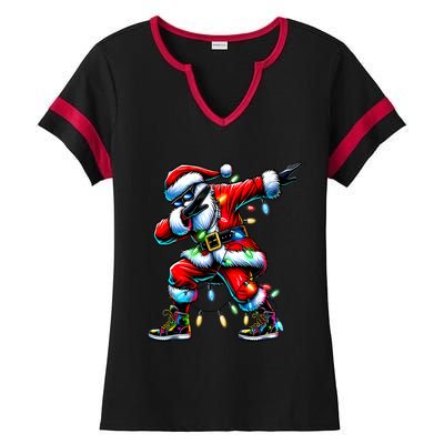 Dabbing Santa Xmas Lights Gifts Christmas Ladies Halftime Notch Neck Tee