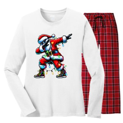 Dabbing Santa Xmas Lights Gifts Christmas Women's Long Sleeve Flannel Pajama Set 