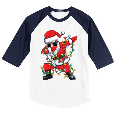 Dabbing Santa Xmas Lights Christmas Baseball Sleeve Shirt