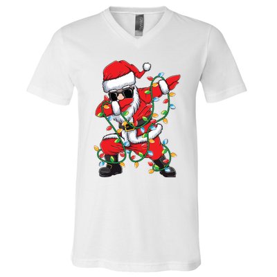 Dabbing Santa Xmas Lights Christmas V-Neck T-Shirt