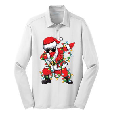 Dabbing Santa Xmas Lights Christmas Silk Touch Performance Long Sleeve Polo