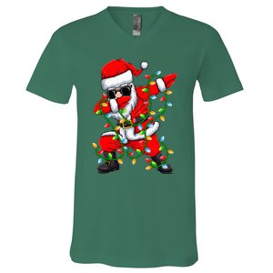 Dabbing Santa Xmas Lights Christmas Gifts V-Neck T-Shirt