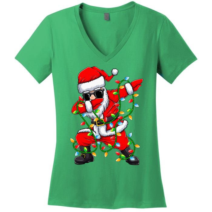 Dabbing Santa Xmas Lights Christmas Gifts Women's V-Neck T-Shirt