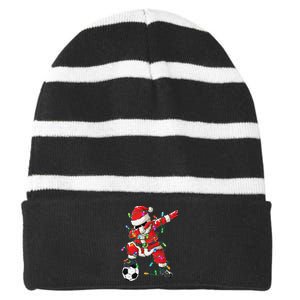 Dabbing Santa Xmas Lights Soccer Christmas Gift Striped Beanie with Solid Band