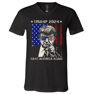 Donald Trump 2024 Save America Again American Flag V-Neck T-Shirt