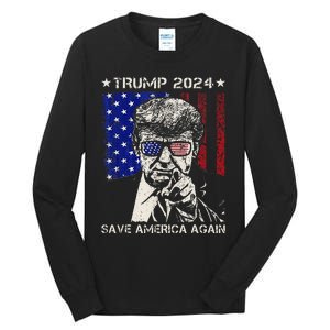 Donald Trump 2024 Save America Again American Flag Tall Long Sleeve T-Shirt