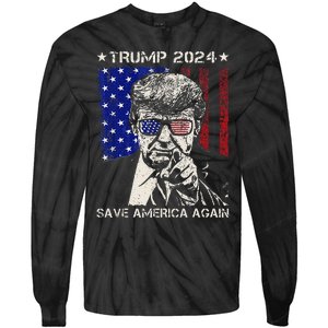 Donald Trump 2024 Save America Again American Flag Tie-Dye Long Sleeve Shirt