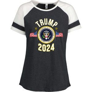 Donald Trump 2024 Presidential Seal Enza Ladies Jersey Colorblock Tee