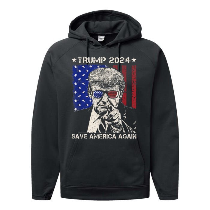 Donald Trump 2024 Save America Again American Flag Performance Fleece Hoodie