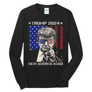 Donald Trump 2024 Save America Again American Flag Tall Long Sleeve T-Shirt