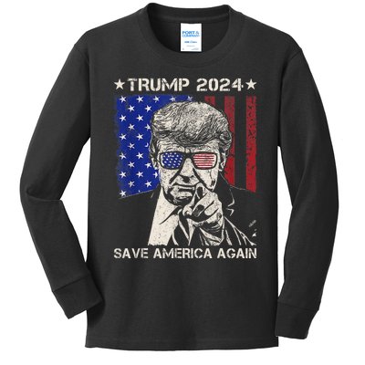 Donald Trump 2024 Save America Again American Flag Kids Long Sleeve Shirt