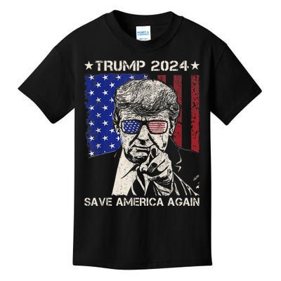 Donald Trump 2024 Save America Again American Flag Kids T-Shirt