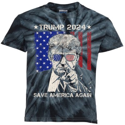 Donald Trump 2024 Save America Again American Flag Kids Tie-Dye T-Shirt