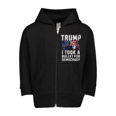 Donald Trump 2024 I Took A Bullet For Democracy Us Flag Toddler Zip Fleece Hoodie