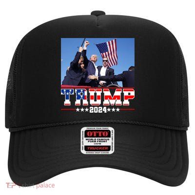 Donald Trump 2024 Survived Shot At Election Rally Usa High Crown Mesh Back Trucker Hat