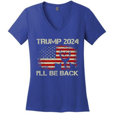 Donald Trump 2024 ILl Be Back American Flag Vintage Funny Gift Women's V-Neck T-Shirt