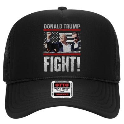 Donald Trump 2024 Fist American Flag Trump Fight High Crown Mesh Back Trucker Hat