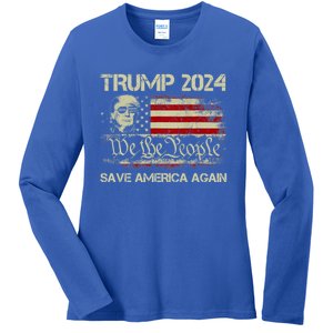 Donald Trump 2024 Save America Again American Flag Election Gift Ladies Long Sleeve Shirt