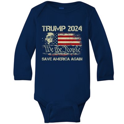 Donald Trump 2024 Save America Again American Flag Election Gift Baby Long Sleeve Bodysuit