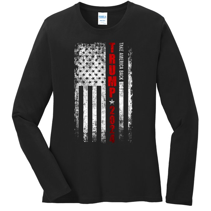 Donald Trump 2024 Take America Back American Flag Patriotic Ladies Long Sleeve Shirt