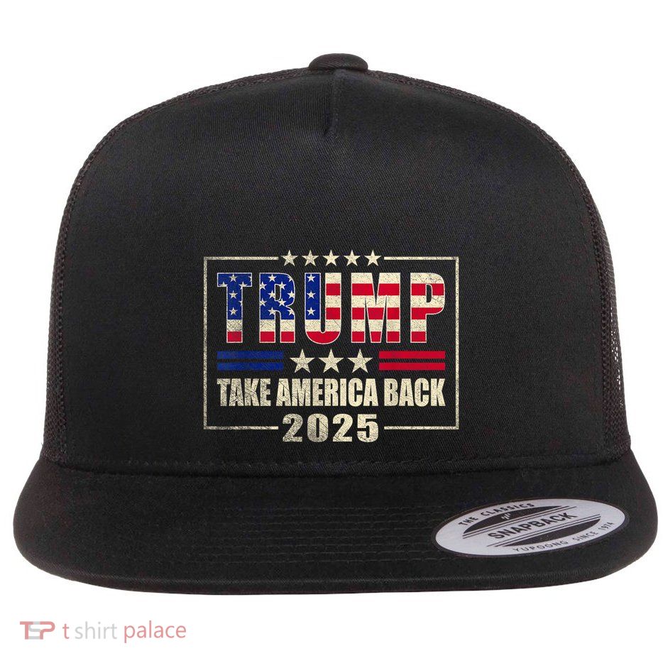 Donald Trump 2025 Take America Back American Flag Patriotic Flat Bill Trucker Hat