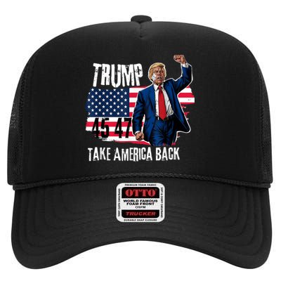 Donald Trump 2024 Take America Back American Flag High Crown Mesh Back Trucker Hat